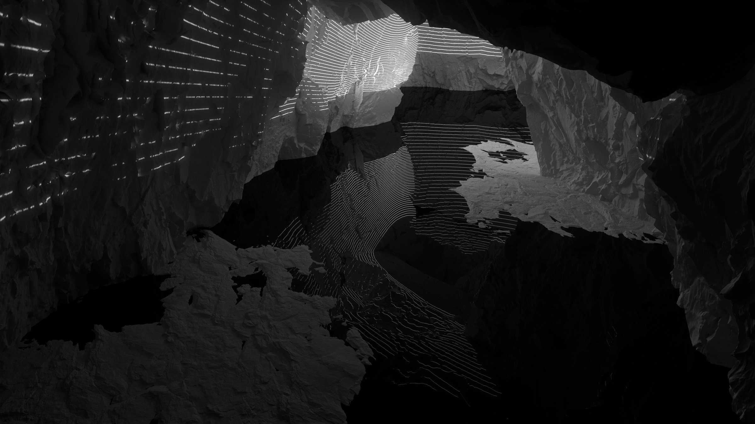 Neandertal — the cave mouth, light dropping through the opening