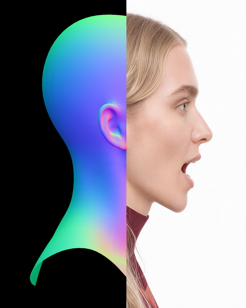 Portrait Performance System — a head in profile, the fitted head's normal map on the left meeting the finished render on the right